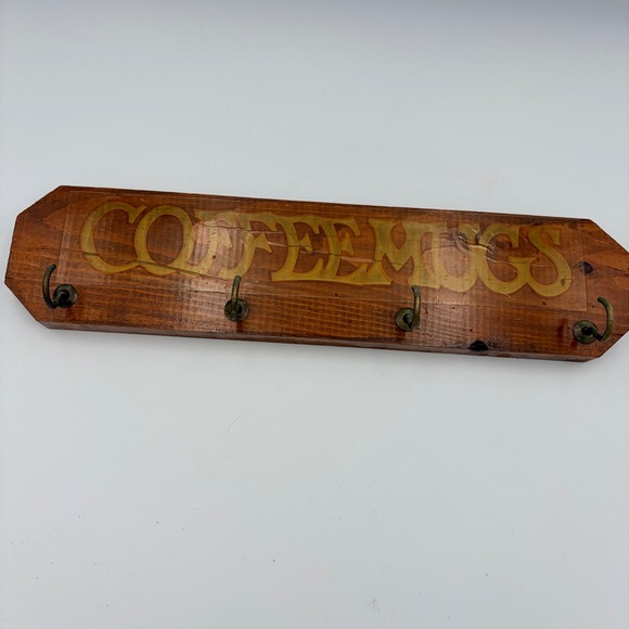 Wooden Coffee Mug Rack Wall Mount 5 Hooks Brass Tone Vintage Kitchen Decor - Picture 3 of 8